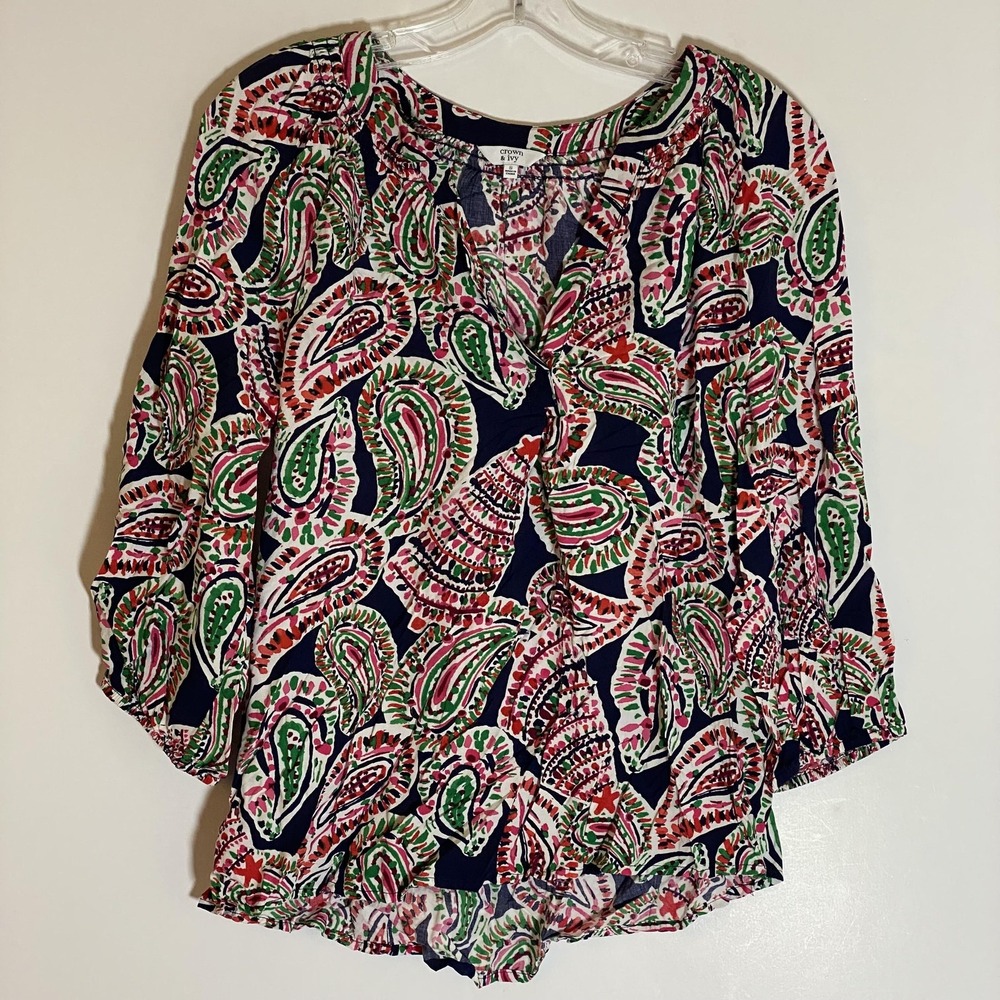 Crown & Ivy Shirt Womens Small Navy Multicolor Paisley Boho Peasant Top Rayon S